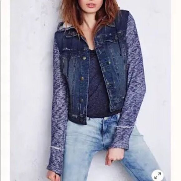 Free People Mixed Media Space Dye Knit Hooded Denim Jean Jacket Blue Size XS - Picture 1 of 10